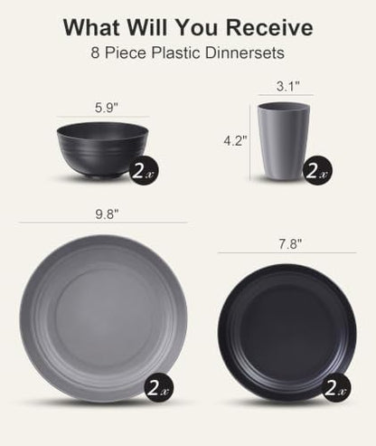 Quatish 8 Pcs Plates and Bowls Sets, Plastic Dinnerware Sets for 2, Grey