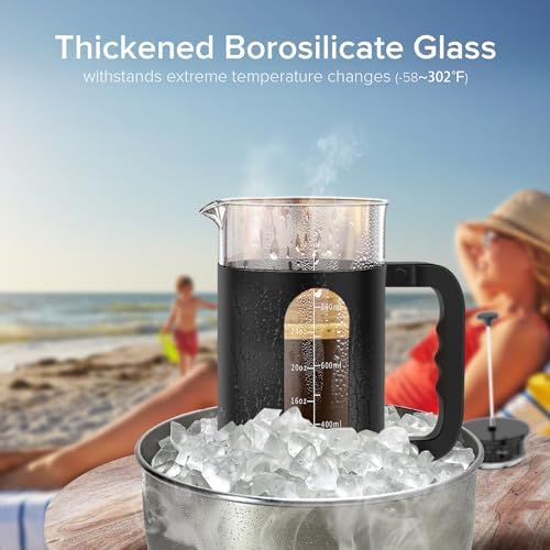 QUQIYSO French Press 34oz, Stainless Steel & Thickened Glass Coffee Press