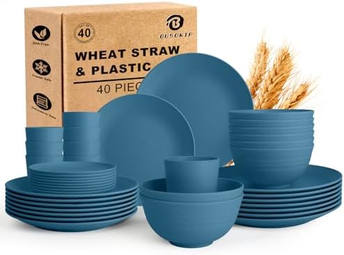 40 PCS Dishes Set for 8, Wheat Straw Dinnerware Set for 8 - Blue