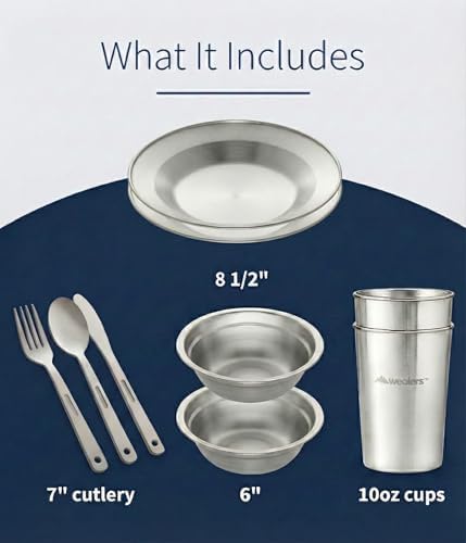 Unique Complete Messware Kit Polished Stainless Steel Dishes Set| Tableware| Dinnerware| Camping| Includes - Cups | Plates| Bowls| Cutlery| Comes in Mesh Bags