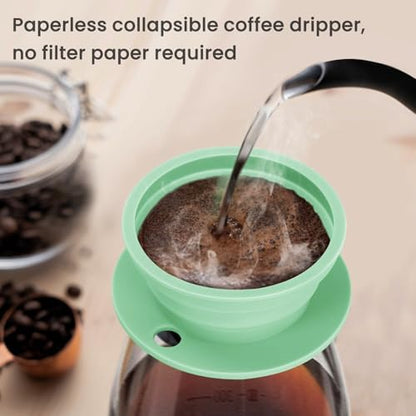 Travel Electric Kettle, Collpasible Portable Electric Kettle, Portable Tea Kettle + Paperless Travel Pour Over Coffee Maker, Collapsible Pour Over Coffee Dripper One Cup (Green)