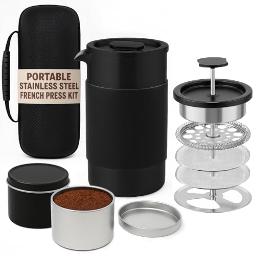 Travel French Press Coffee Maker Set - 12 oz | Portable Travel French Press Coffee Maker | Double Wall Insulated with Dual Stainless Filters & 2 Steel Canisters for Grounds, Tea, Creamer & Sugar