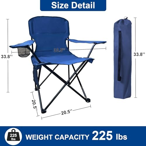 2PCS Folding Camping Collapsible Chairs Heavy Duty Lawn Chair with Cooler Bag, Storage Pocket, Waterproof Bag Outdoor Arm Chair, Supports 225LBS, Cyan