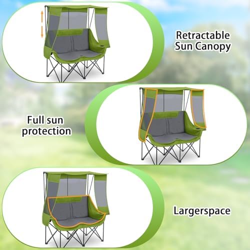 Teenyyou Double Camping Chair with Canopy 660lbs Heavy Duty, Geen and Grey