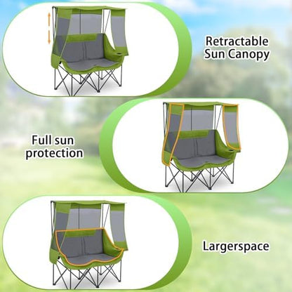 Teenyyou Double Camping Chair with Canopy 660lbs Heavy Duty, Geen and Grey