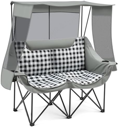 Teenyyou Double Camping Chair with Canopy 660lbs Heavy Duty, Grey Plaid