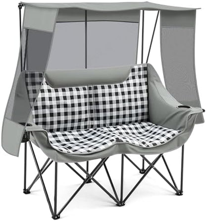 Teenyyou Double Camping Chair with Canopy 660lbs Heavy Duty, Grey Plaid