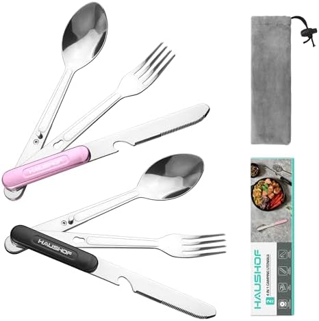 HAUSHOF 4-in-1 Camping Utensil, Stainless Steel Travel Utensil Set with Bag