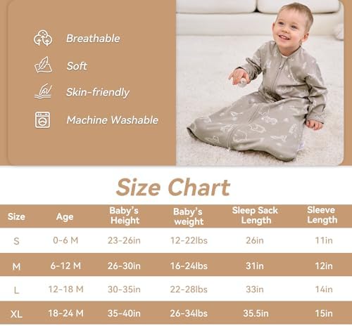 Baby Sleep Sack 0-6 Months, Long Sleeve Baby Wearable Blanket 0.5 Tog with Mittens, 2-Way Zipper Newborn Cotton Sleeping Sack for Boy and Girl Grey Elephant 2 Pack (Small)