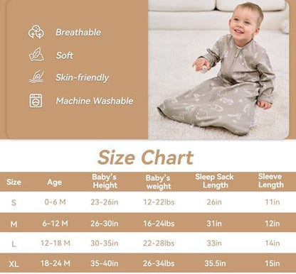 Baby Sleep Sack 0-6 Months, Long Sleeve Baby Wearable Blanket 0.5 Tog with Mittens, 2-Way Zipper Newborn Cotton Sleeping Sack for Boy and Girl Grey Elephant 2 Pack (Small)
