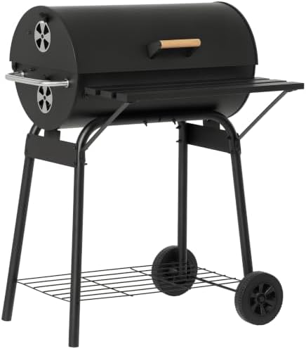 Outsunny 30" Portable Barrel Charcoal BBQ Grill w/Storage Shelf Black