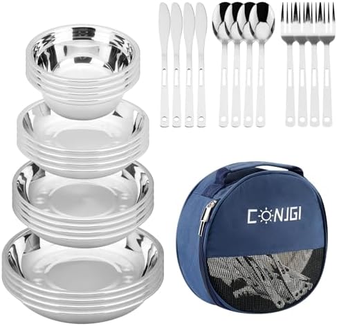 Camping Mess Kits - 28pcs Camping Dinnerware Set Camping Gifts Camping cookware Sets Camping Accessories Camping Cooking Utensils Set Bowls, Plates, Knives, Forks, Spoons