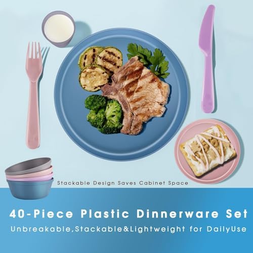 40 Piece Plastic Dinnerware Set for 8 with Cutlery, Unbreakable Plates and Bowls Set, Dishwasher & Microwave Safe Reusable Dish Set for Camping, RV, Outdoor Kitchen, Apartment Dining,Pastel Multicolo