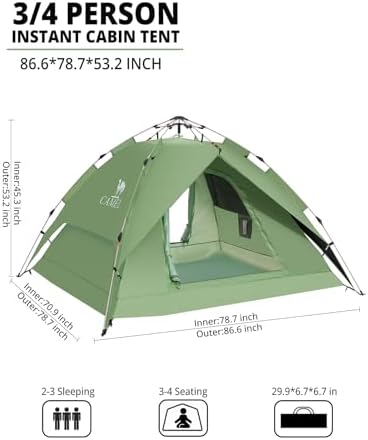 CAMEL CROWN 4/6 Person Instant Cabin Tent, Pop Up Windproof Tents for Camping, 60-Second Setup Family Tent with Carry Bag for Outdoor Hiking
