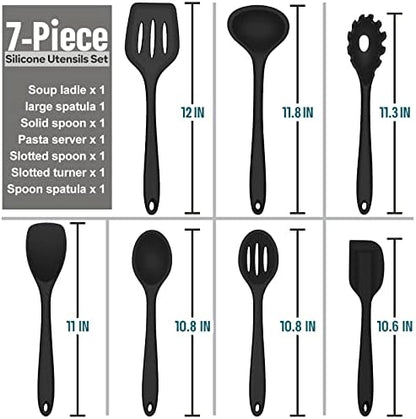 E-far Black Silicone Cooking Utensils Set, 7PCS Nonstick Kitchen Utensils