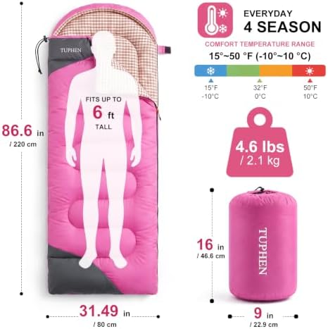 tuphen- Sleeping Bags for Adults Kids Boys Girls Backpacking Hiking Camping Microfiber Liner, Cold Warm Weather 4 Seasons Indoor Outdoor Use, Lightweight & Waterproof