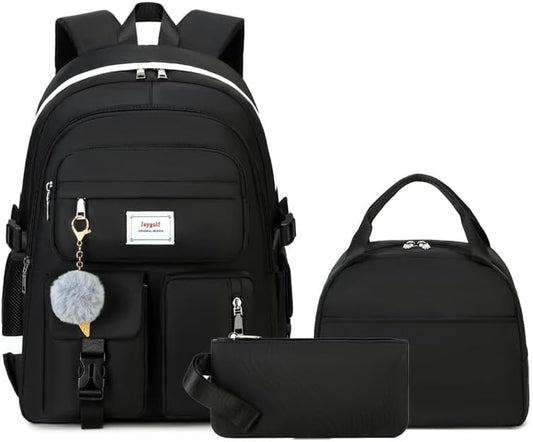 Girls Backpack Stylish Schoolbag Set for College or High Student Laptop Backpack for Women Black