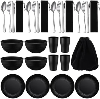 Teenyyou 4 Sets Camping Mess Kits for 4 Person Camping Silverware Set Include Cup, Bowl, Plate, Knife, Spoon, Fork Cutlery Set Unbreakable Wheat Straw Dinnerware Utensils for Travel
