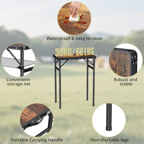 Anbte 2ft Folding Camping Table, 3 Adjustable Height 29.5", Rustic Brown