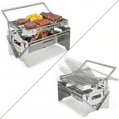 Portable 360° Rotating Charcoal Grill with Flipping Basket, Stainless Steel Flip BBQ Grill for Camping & Outdoor, Easy to Clean Detachable Design, New Upgrade