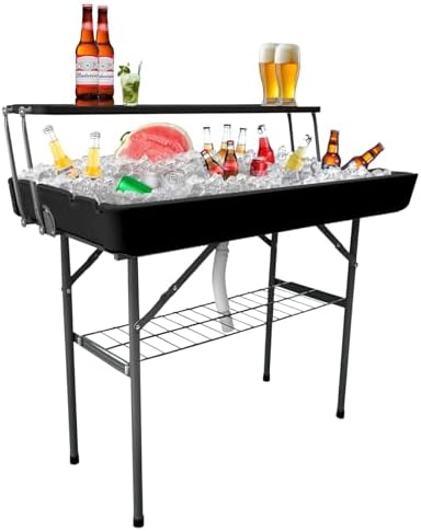 2-Tier Foldable Ice Cooler Table with Drain Hose,Black