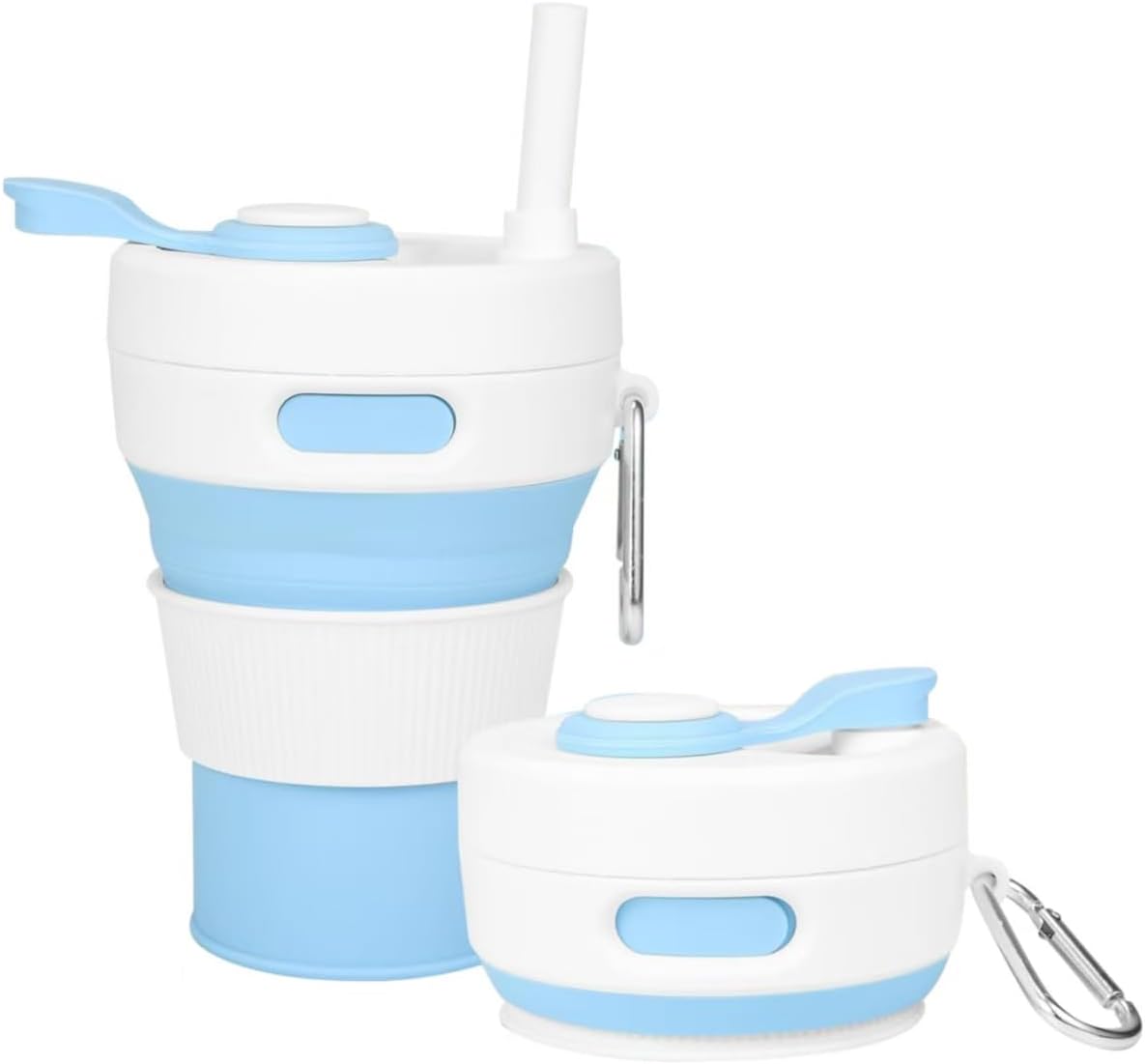 Silicone Collapsible Travel Mug Blue 15oz / 450ml - Leak-Proof Reusable Silicone Water Bottle for Hot and Cold Beverages - Travel Office and Home - Dishwasher Safe - Straw Included