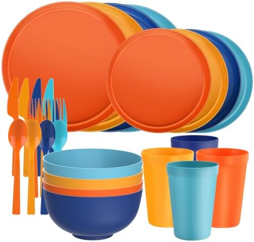 28 Piece Plates and Bowls Sets for 4, Kitchen Dinnerware Sets, Plastic