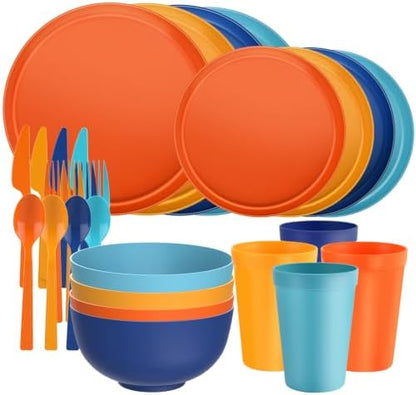 28 Piece Plates and Bowls Sets for 4, Kitchen Dinnerware Sets, Plastic