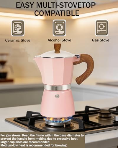 Coffee Maker Stovetop Espresso Maker 6 Cup Aluminum Moka Pot Percolator 10oz 300ml Easy Brewing for Electric Ceramic Stoves Home Camping Italian Cuban Café Classic Pink