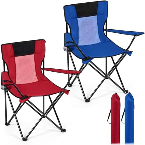 Shellwei 2 PCS Folding Camping Chair with Cupholder and Carry Bag Regular Size Colorful Breathable Portable Lightweight Lawn Chair with Side Pocket for Fishing Hiking Beach Outdoor Activity