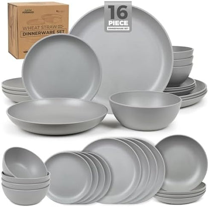 Grow Forward 16-piece Premium Wheat Straw Dinnerware Sets for 4 - Unbreakable Dishwasher & Microwave Safe Plastic Plates and Bowls Sets - Patio, Outdoors, RV, Camping Dishes - Feather