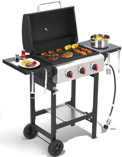 Propane Gas Grill with Folding Side Tables, 3-Burner Gas Grill with Cast Iron Grates and Stainless Steel Griddle Pan, Outdoor BBQ Grill Portable with Wheels 30,000 BTU Output