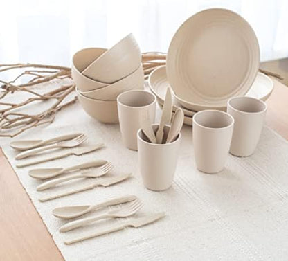 FOODLE Wheat Straw Dinnerware Set - Picnic, Camping Plates Cups and Bowls