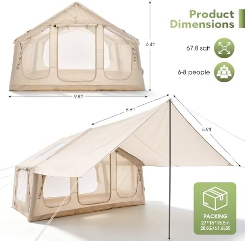 Inflatable Camping Tent with Electric Air Pump - 420D Heavy Duty Oxford - 5 Min Auto-Inflation - Panoramic Stargazing Skylight - 4 Season Luxury Glamping Cabin, 4-10 Person Multiple Sizes