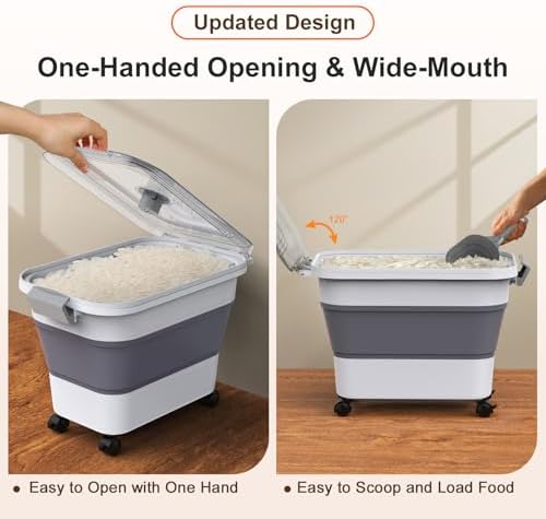 Rice Storage Container, Collapsible Airtight Food Storage Containers 20-30lbs with Clear Lid and Wheels, Rice Dispenser with Scoop for Flour Cereal Pasta Grain, Cat Pet Bird Dog Food Storage Container