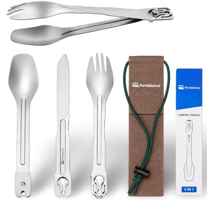 Camping Cutlery Set with Built-in Tongs, 4-in-1 Camping Utensils, Spoon Fork Knife Combo, Compact Stainless Steel Flatware for Camping, Backpacking, Hiking, Picnic, RV & Trave (1-Pack)