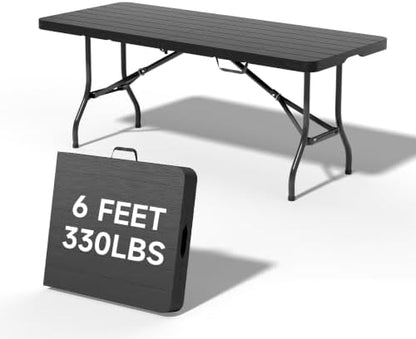 Heavy Duty Folding Table, Sturdy Portable Foldable Table with Safety Lock, Indoor Outdoor Use for Camping Party, 6/8 Foot (Standard, Black-Wood Grain, 6FT-1 Pack)