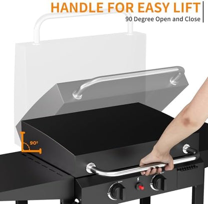 2 Burner BBQ Gas Griddle with Hood, 17.3 Inch Stainless Steel Portable Detachable Propane Griddle, 60,000 BTU Flat Top Grill with Lid for Camping, Black