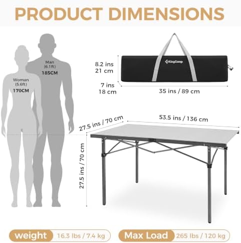 KingCamp Large 53.5" Folding Camping Table, 265 LBS Heavy Duty Table