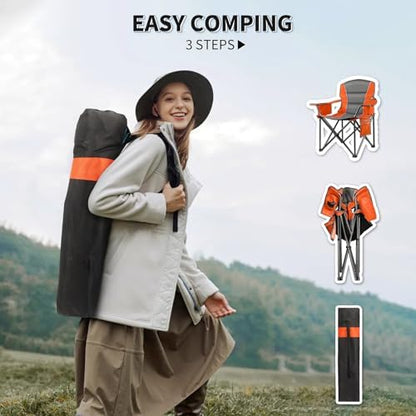Oversized Padded Camping Chairs for Adults,Heavy Duty Support 400 Lbs,Folding Portable Lawn Chair w/Cup Holder,Cooler Bag,Side Pocket,Perfect for Outdoor Picnic,Hiking(Orange)