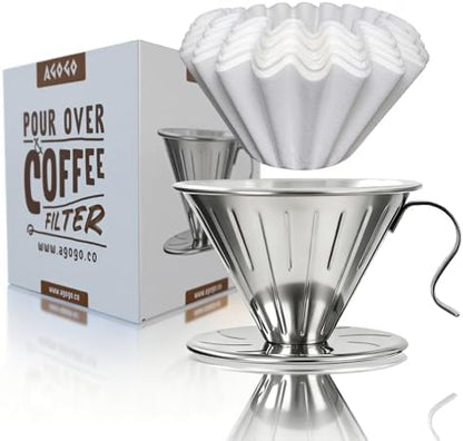 AGOGO Stainless Steel V60 Coffee Dripper & 50 Paper Filters, Sliver