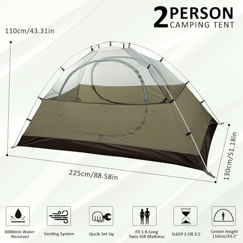Bessport Camping Tent 1/2 Person Tent Waterproof Two Doors Backpacking Tent Easy Setup Lightweight for Outdoor, Hiking Mountaineering Travel