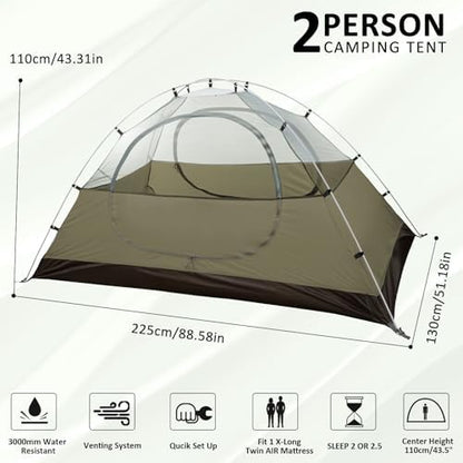 Bessport Camping Tent 1/2 Person Tent Waterproof Two Doors Backpacking Tent Easy Setup Lightweight for Outdoor, Hiking Mountaineering Travel