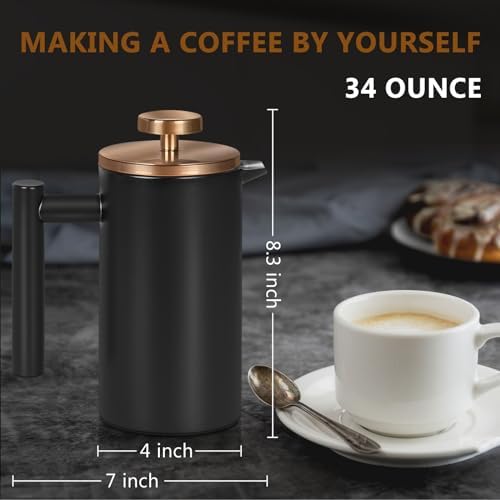 Black Stainless Steel French Press Coffee Maker, Double Wall Insulated French Press,for Coffee&Tea,with 3 Extra Screens and a Coffee Spoon,34oz/1000ml,Gold
