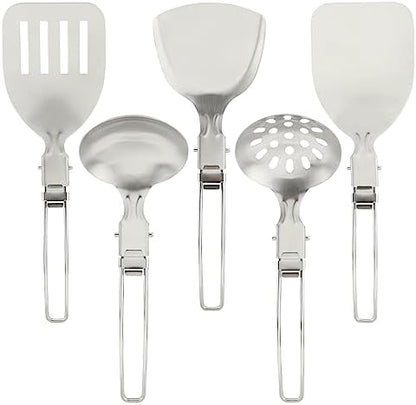 Camping Kitchen Utensil Set, 5Pcs Portable Foldable Stainless Steel Outdoor Cooking Utensil, Practical Folding Soup Ladles Strainer Spatula Kitchen Gear for Outdoor Camping