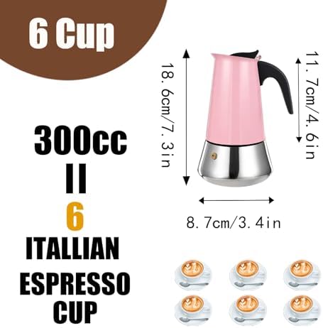 6 Cup Stovetop Espresso Maker Stainless Steel Moka Pot Stove Top Percolator Italian Coffee Makers Capable Mocha Greca Machine Cafe Classic Induction Cookers for Home and Camping 300ml 10oz