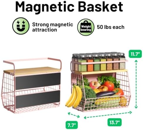 Magnetic Shelf for Fridge with Wood Lid, Fruit Potato and Onion Storage Bins, Pantry Organizers & Storage, Large Container Magnetic Spice Rack for Refrigerator, Kitchen Counter, Cabinet (Pink, 2)