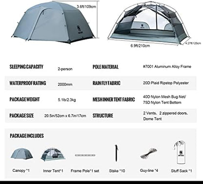 OneTigris COSMITTO 2 Person Backpacking Tent Shelter- Free Standing Lightweight Waterproof 3 Season Camping Tent for Outdoor Hiking Mountaineering