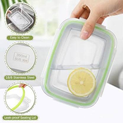 8 Pcs 304 Stainless Steel Food Storage Containers with Lids Leakproof, Reusable Airtight Meal Preparation Container Round and Square Stackable Food Container for Kitchen Picnic(Green Lids)