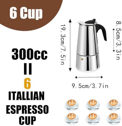 6 Cup Stovetop Espresso Maker Stainless Steel Moka Pot Stove Top Percolator Italian Coffee Makers Capable Mocha Greca Machine Cafe Classic Induction Cookers for Home and Camping 300ml 10oz